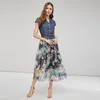 Sukienki imprezowe 2023 Dżinsowe sukienki Kobiety Długo swobodny szyfonowy patchwork Kwiatowy nadruk Summer Maksi z paskiem Japan Mase Style