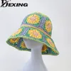 Chapéu de palha feito à mão para praia, feito à mão, com flores de verão, puro, tecido à mão, guarda-sol, chapéu de pescador, chapéu de balde respirável