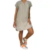 Party Dresses Women Short Sleeve Dress Solid V Neck Summer Beach Cotton Linen Casual Kaftan Maxi Loose Tops Plus Size S-XL