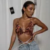 Débardeurs pour femmes Débardeur sexy avec anneau en métal Wrap Deep V Neck Leopard Print Halter Crop Tops Femmes Bare Midriff Camisole Femme Cropped Vest