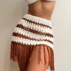 Röcke Frauen Gestrickte Sarongs Cover-Ups Einfarbig Hohl-Out Durchsichtige Quaste Mini Strand Sommer Kordelzug Schlitz Badeanzug