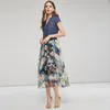 Party Jurken 2023 Denim Jurk Vrouwen Lange Casual Chiffon Patchwork Bloemenprint Zomer Vrouwelijke Maxi Met Riem Japan Mode Stijl