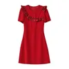 2023 여름 레드 솔리드 컬러 드레스 짧은 소매 라운드 넥 무릎 길이 캐주얼 드레스 W3L049702