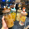 Cute Bear Straw Glass Student Scale Transparent Milk Cup Water Cup Girl's Heart Glass Mug Mugs Coffee Cup boba cups L230620