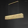 Lustres LED Regulável Retangular Lustre de Cristal Dourado Iluminação Lâmpadas Penduradas Luster Suspensão Luminária Lampen Para Ilha De Cozinha