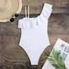 Kvinnors badkläder Sexig mesh lapptäcke Ruffled Women One Piece Swimsuit Deep V Neck High Cut Lady Swim Bathing Suit Monokini Beach Wear