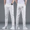 メンズジーンズデザイナーヨーロッパハイエンドピュアエンドホワイトジーンズメンズファッショントレンド弾性スリムフィットスモールフットストレートパンツ薄ネットレッドジズ
