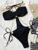 Damen-Badebekleidung, sexy schwarzer gerippter Neckholder-Badeanzug, einteiliger Damen-Kettenring, verbundener, hoch ausgeschnittener Badeanzug, Trikini, Strandkleidung