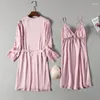 Vêtements de nuit pour femmes 2PCS Nighty Peignoir Strap Nightdress Lady Satin Lace Robe Robe Sets Summer Kimono Sleep Nightgown Home Wear