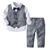 Kläderuppsättningar 3 datorer Pojkar passar England Style Wedding Boy 2023 Spring Long Sleeve Bow Tie Shirt Grey Vest Trousers Gentleman Set