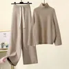 Kvinnors tvåbitar byxor Autumn Winter Women Sticked Set Turtleneck långärmad solid pullover tröja avslappnad bred benbyxa ytterkläder