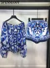 Two Piece Dress SPENNEOOY Summer Fashion Blue And White Porcelain Print Shorts Suit Womens One Word Collar Loose Lantern Sleeve TopSlim 230627