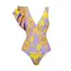 Women's Swimwear Korean Style Bathing Suit Women One Piece Swimsuit 2023 Shouldered Ruffled Gold Print Ins Polyester Ladies Beach Wear 1