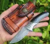 Flipper Fodling Knife VG10 Damascus Steel Drop Point Blade Natural Ebony + Steel Head Handle Шариковый подшипник Карманные ножи с кожаными ножнами