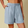 Aktiva shorts kvinnor avslappnad solid hög midja bomull och linne kvinnor elastiska byxor stretchig drag på