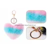 Keychains Lanyards Fast Fashion Splicing Heart Ball Pom Keychain Fluffy Faux Rabbit Fur Pompom Women Bag Charms Trinket Christmas Dhwqy