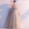 Ethnic Clothing Chinese Stand-up Collar Prom Dress Sexy Lace Temperament Gauze Skirt Champagne Flared Sleeves Elegant Princess Pompous