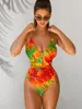 Damenbadebekleidung 2023 Sexy Tie Dye Einteiliger Badeanzug Frauen Tiefer V-Ausschnitt Print Bandage High Cut Tanga Badeanzug Strandkleidung Trikini