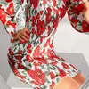 Casual Dresses Ladies Autumn Winter Long Sleeve Puff Floral Print A Line Dress Slim Fit Elegant Sexy Below The Knee