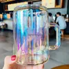 Starbk 700ML Korean Large Capacity Water Cup Aurora Borealis Colorful Glass Cup Female Milk Tea Coffee Flat Bottom Mug L230620