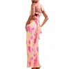 Casual Dresses Sexig bodycon stropplös veckad blommig lång klänning Summer Y2K Party Clubwear Dresses (z-veckade orange s)