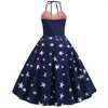 Casual Dresses Women Vintage Sleeveless Halter Neck Flag Printed Evening Party Prom Swing Dress