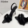 Dress Shoes Summer Sandals New Slingback Pointed Toe Women Sexy Faux Fur Nightclub Stripper High Heels Shoes 230511
