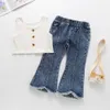 2022 Sommarbarn bär nya flickors denim Bell-Bottoms Pit Stripe Solid Top Set Kids Clothing Boys Set