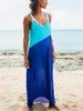 Women's Swimwear Women Beach Dress Bikini Cover Up Sexy Spaghetti Strap Sleeveless Backless See Through Colorblock Sheer Long Slit