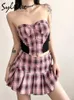 Robe Deux Pièces Sylcue Style Japonais Et Coréen Fête D'été Cool Rose Plaid Rétro Doux Mignon Sexy Jeune Fille Confiante Femmes Jupe Costume 230627