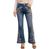 Kvinnors jeans kvinnor raka ben byxor botten blommor broderad bootcut denim bell hajuku hög midja baggy byxor vintage mode 4