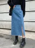 Skirts Spring Korean High-waisted Spilt Thin Washed Mid-length A-line Love Pattern Denim Women Fashion Streetwear 2023