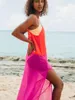 Women's Swimwear Women Beach Dress Bikini Cover Up Sexy Spaghetti Strap Sleeveless Backless See Through Colorblock Sheer Long Slit