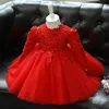 Vestidos para meninas Vermelho Bebê Menina Vestido de Noiva Manga Comprida nascido Meninas Natal Princesa Vestidos Miçangas Laço Infantil Crianças 1 Ano Aniversário Batismo 230627