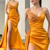 Sexy prom dresses orange v neck sequins party evening dress split pleats sweep train dresses for special occasions