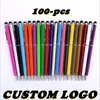 Pens 100Pcs/Lot Multiple Colors Black Ink Roller Metal Ballpoint Pen 0.7Mm 2in1 Stylus Universal Gift Free Custom