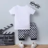 Boys' Letter Pure Cotton Short Sleeve Top Plaid Printing Shorts kids korean children clothing boys sets new arrivals baby 2023