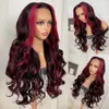 Rode Hoogtepunt Body Wave Lace Front Pruiken Synthetische Hoogtepunt Bourgondische Pruik Rood Met Zwart Gekleurde Lijmloze Met Baby Haar 230524