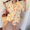 Indumenti da notte da donna Crepe Cotton Gazue Summer Women Pigiama Set Arancione Casual Home Suit Comodo Outwear Pantaloncini Manica corta Pijama D166