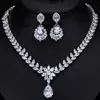 Luxury Silver 925 AAA Cubic Zirconia Jewelry Set Bridal Wedding Water Drop Dangle Stud örhängen Pendant Choker Necklace Set