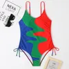 Women's Swimwear 2023 Sexy Color Block Drawstring One Piece Swimsuit Women Print String Bathing Suit Beach Wear Monokini Bodysuit