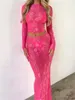 Vestido de dos piezas wsevypo SeeThrough Lace Floral Mesh Sheer Set Trajes de playa sexy Manga larga Crop TopsMidi Cintura Faldas Conjuntos 230627