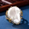 Cluster Rings Genuine S925 Sterling Silver For Women Fashion Exaggerate Baroque Freshwater Pearl Micro Inlay Zircon Hollow Jewelry