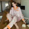 Sleepwear Women's Pamas uppsättning för kvinnor Lyxig söt satin pyjamas kvinna elegant långärmad byxa hemkläder damer set s