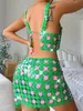Zweiteiliges Kleid, sexy grünes rückenfreies Pailletten-Zweiteiler-Set mit Miniröcken für Frauen, ausgehöhlter Neckholder-BH, bauchfreie Tops, Festival-Rave-Outfits 2023