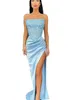 Light Sky Blue Plus Size Prom Dresses Long for Women Strapless Sequined High Side Split Draped Birthday Pageant Celebrity Evening Party Gowns Formal Occasions