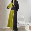 Vestidos de festa Coreano Chic Temperamento Moderno Feminino Lapela Costura Contraste Cor Cintura Solta Moda Vestido Plissado Verão 2023