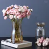 Flores decorativas buquê de rosas de chá artificial pequena camélia noiva dama de honra segurando vaso em casa arranjo de flores orvalho lótus