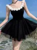 Vestidos casuais femininos verão sem costas malha vestido de baile de praia vestido moda sem mangas patchwork mini estilo coreano elegante deslizamento preto