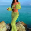 Maillots de bain pour femmes Sexy femmes 2 pièces jupes tenues couleur unie à manches longues Cardigan haut court côté découpe cravate jupe ensemble S M L